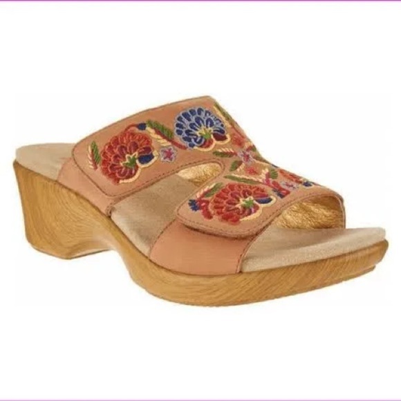 Alegria EU 37 = US 7 Floral Embroidered Leather Slip-on Wedge Sandals Cognac - Picture 1 of 8